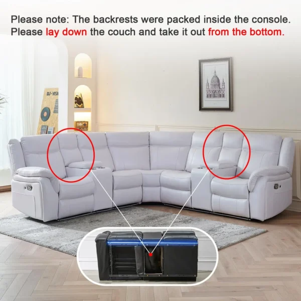 Manual Recliner Sectional Sofa With LED Lights, USB, Cup Holders & Storage Console - Leather Corner Couch With 2 Theater Recline - Image 6