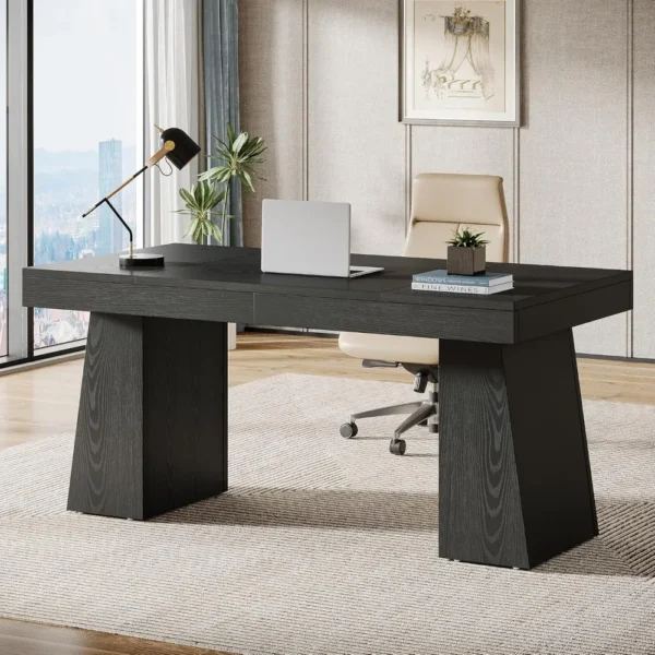 55” L-Shaped Mid-Century Executive Desk with Trapezoid Base – Stylish & Spacious Office Desk - Image 2