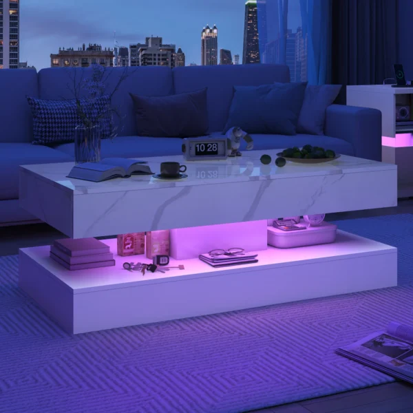 Modern Stylish Coffee Table with LED lights, Double-Layer Design for Living Room Coffee Table with 2 Storage Drawers - Image 2