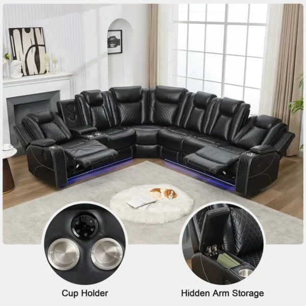 6-Seater Power Recliner Sectional Sofa with Drop-off Table, Faux Leather Electric Sofa Featuring Bass Speaker, LED Light, USB, T - Image 4