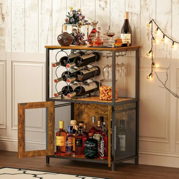 Bar Cabinet with Detachable Wine Rack, Liquor Stand for Home Bar, Mini Table with Glass Holder, Small Sideboard with Mesh Door - Image 2