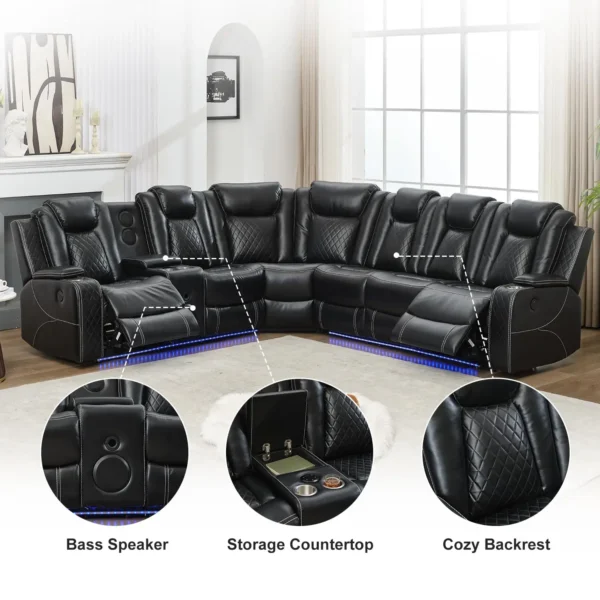 6-Seater Power Recliner Sectional Sofa with Drop-off Table, Faux Leather Electric Sofa Featuring Bass Speaker, LED Light, USB, T - Image 5