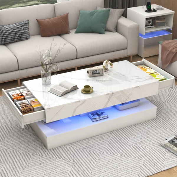 Modern Stylish Coffee Table with LED lights, Double-Layer Design for Living Room Coffee Table with 2 Storage Drawers - Image 3