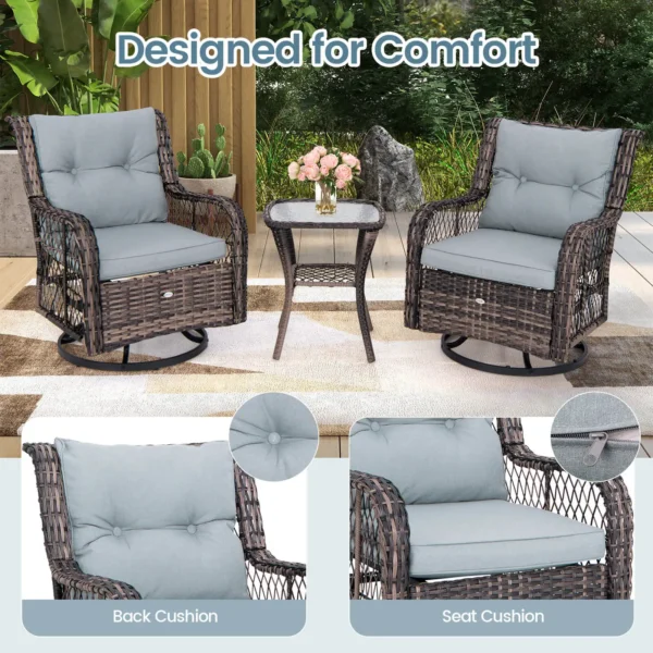 3-Piece Patio Furniture Set with Swivel Rocking Chairs & Glass-Top Table – Outdoor Rattan Conversation Set - Image 8