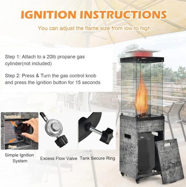 41,000 BTU Outdoor Propane Patio Heater with Glass Tube & Cover – Lockable Wheels - Image 6