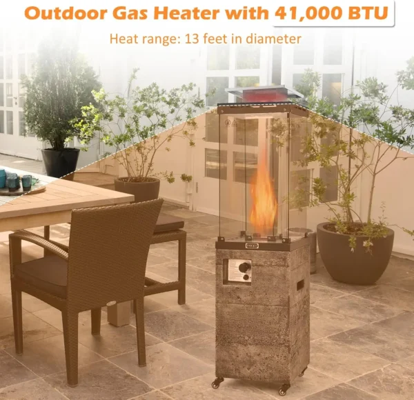 41,000 BTU Outdoor Propane Patio Heater with Glass Tube & Cover – Lockable Wheels - Image 2