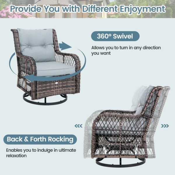3-Piece Patio Furniture Set with Swivel Rocking Chairs & Glass-Top Table – Outdoor Rattan Conversation Set - Image 9