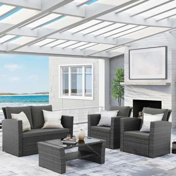 4 Piece Gray Rattan Patio Furniture Set with Cushions & Glass Table – Outdoor Conversation Set
