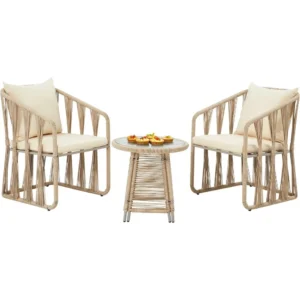 3 Piece Patio Rattan Bistro Set with Cushions & Glass Table – All-Weather Wicker Furniture