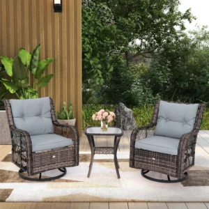 3-Piece Patio Furniture Set with Swivel Rocking Chairs & Glass-Top Table – Outdoor Rattan Conversation Set
