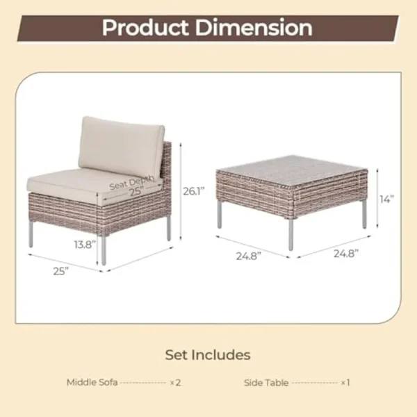 3-Piece PE Rattan Patio Furniture Set with Cushions & Coffee Table - Image 5