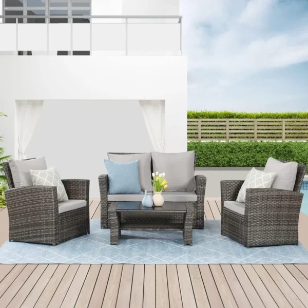 4 Piece Gray Rattan Patio Furniture Set with Cushions & Glass Table – Outdoor Conversation Set - Image 4