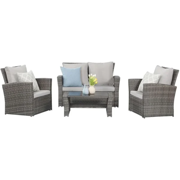 4 Piece Gray Rattan Patio Furniture Set with Cushions & Glass Table – Outdoor Conversation Set - Image 2