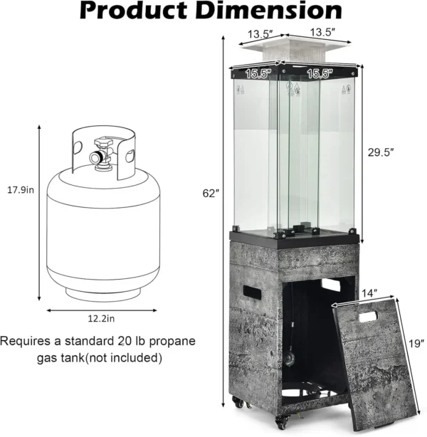 41,000 BTU Outdoor Propane Patio Heater with Glass Tube & Cover – Lockable Wheels - Image 4